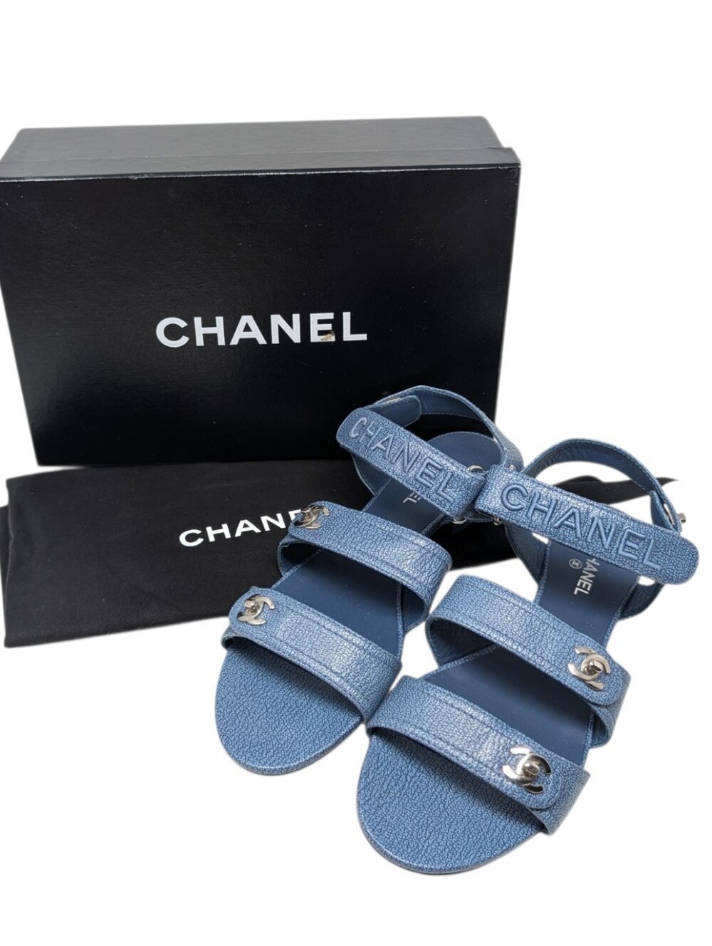 Chanel Blue Leather Coco Mark Turnlock Dad Sandals 22SS Size EU 39